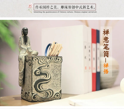 Chinese Zen manual art Buddhist mood Pen holder office study Retro desktop Creative Pen insertion Decoration business gift