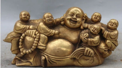 RHS0170 10"Marked Chinese Bronze Brass Five Kids kId Happy Laugh Buddha Hold Bead Statue