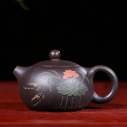 Handmade Colorful Mud Painted Yixing Teapot, Raw Ore Black Mud, Lotus Xi Shi Pot, Purple Clay, 188 Ball Hole, 170ml