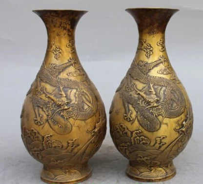 RHS0196 10" Marked Chinese Bronze Gilt Dragon Beast Flower Vase Bowl Pot Pair Statue