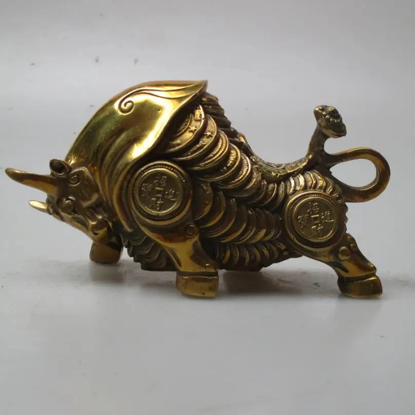 works of art Collection Chinese Brass Carved Bull Sculpture /Feng Shui Money OX statue.