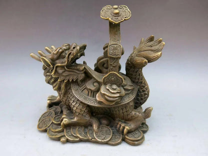 China Brass Copper Fengshui ruyi Wealth Dragon Turtle tortoise Statue