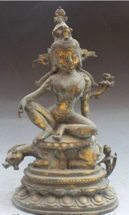 RHS0143 Chinese Tibetan Buddhism Bronze Gilt Kwan-Yin Guan Yin Goddess Ride Beast Statue
