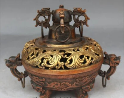 RHS0141 8" Chinese Dynasty palace Fengshui Bronze Gilt Dragon Lion incense burner Censer