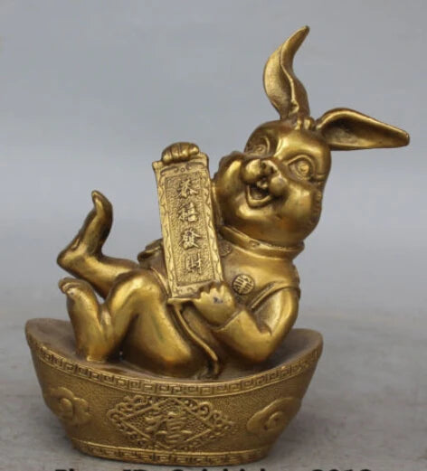 RHS0096 18CM Chinese Bronze Carving FengShui Wealth YuanBao Animal Zodiac Rabbit Statue