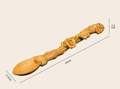 Solid Wood Carved Tea Spoon, Artistic Boxwood, Long Handle, Creative Crafts