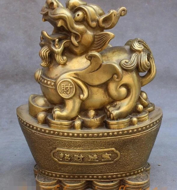 Folk Chinese FengShui Brass Wealth Kylin PiXiu Lion Unicorn Sit Yuanbao Statue