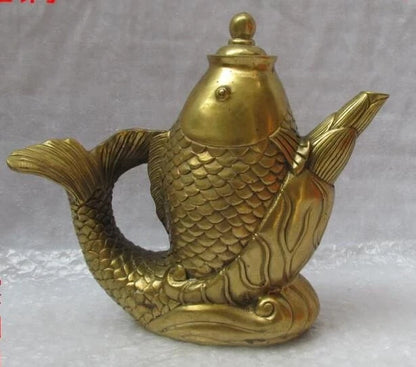 Marked Old China brass fengshui Auspicious Fish statue Wine Pot TeaPot big