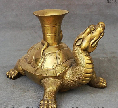 Chinese Palace FengShui Brass Longevity Tortoise Turtle Snake Statue Zun Vase