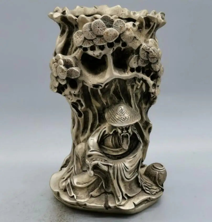 China White copper jiang ziya fishing Pen holder crafts statue