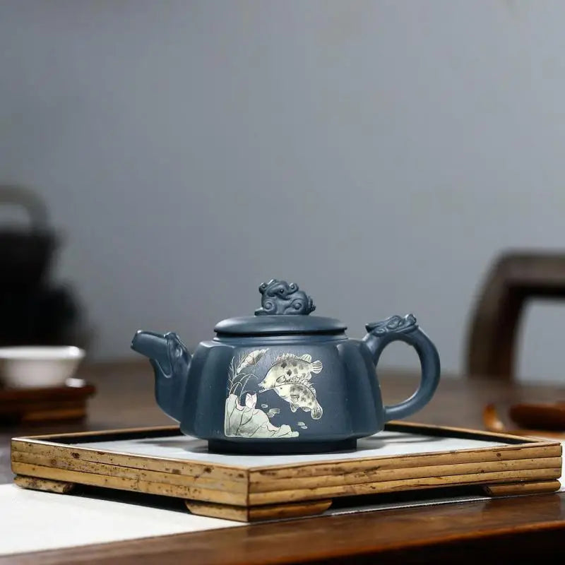 Handmade Kung-Fu Teaware of Purple Clay, Mud Painted Fish,, Zisha Teapot, Yixing Handmade Pot, Purple Clay Drinkware for Puer