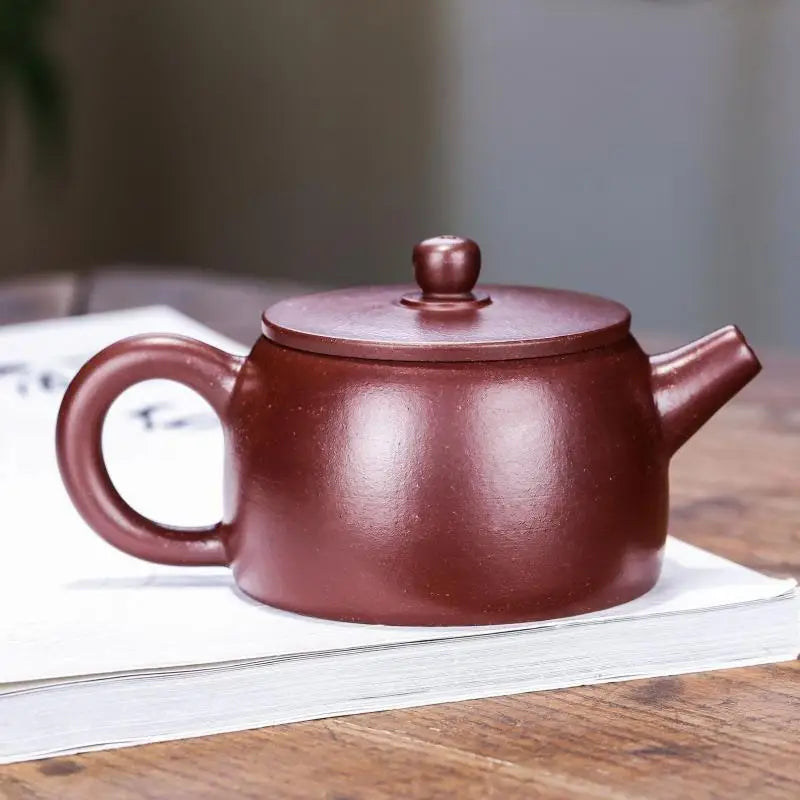 Zisha Teapot with Small Flat Lid, Handmade Pot, Kung-Fu Teaware, Purple Clay Drinkware for Puer Green and Black, Vermilion