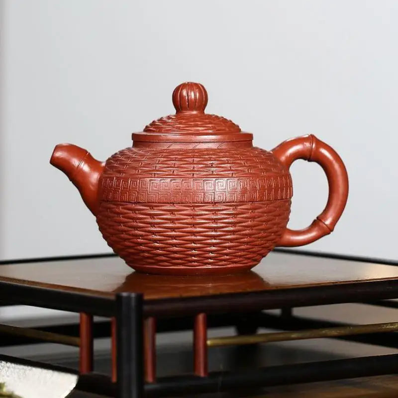 Bamboo Woven Round Bead Pot, Zisha Teapot, Yixing Handmade Pot, Kung-Fu Teaware, Purple Clay Drinkware for Puer Green