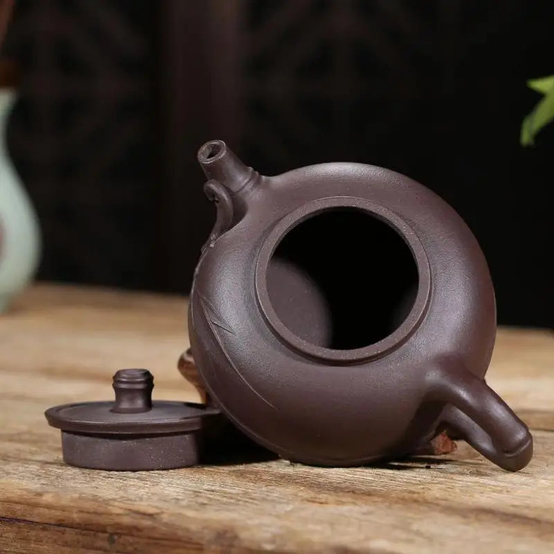 Half Moon Bamboo Festival Teapot, Zisha Teapot, Yixing Handmade Pot, Kung-Fu Teaware, Purple Clay Drinkware for Puer Green and B