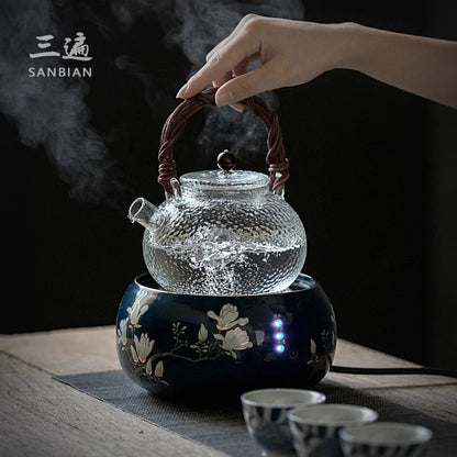 Hammered Pattern Heat-Resistant Glass Teapot Electric Ceramic Water Boiling Kettle Natural Rattan Glass Loop-Handled Teapot Ku