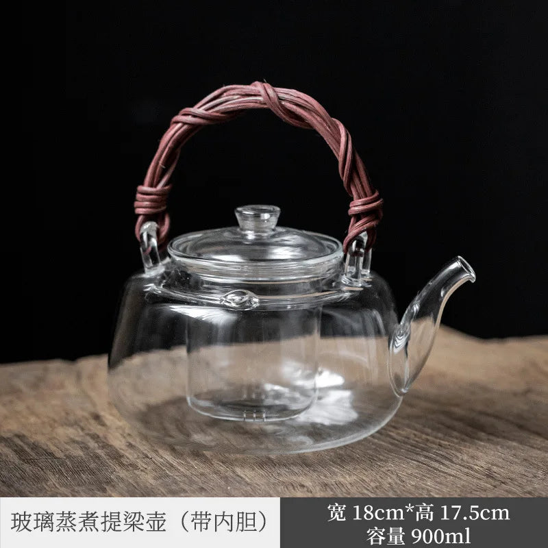 Hammered Pattern Heat-Resistant Glass Teapot Electric Ceramic Water Boiling Kettle Natural Rattan Glass Loop-Handled Teapot Ku