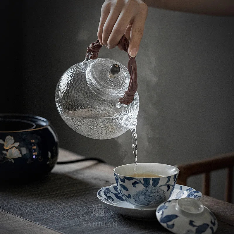 Hammered Pattern Heat-Resistant Glass Teapot Electric Ceramic Water Boiling Kettle Natural Rattan Glass Loop-Handled Teapot Ku