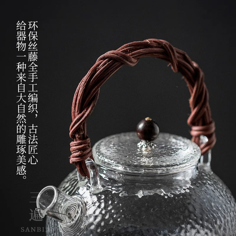 Hammered Pattern Heat-Resistant Glass Teapot Electric Ceramic Water Boiling Kettle Natural Rattan Glass Loop-Handled Teapot Ku