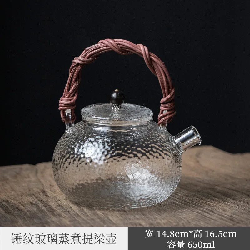 Hammered Pattern Heat-Resistant Glass Teapot Electric Ceramic Water Boiling Kettle Natural Rattan Glass Loop-Handled Teapot Ku