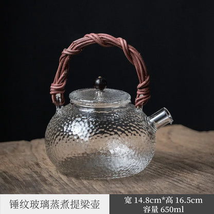 Hammered Pattern Heat-Resistant Glass Teapot Electric Ceramic Water Boiling Kettle Natural Rattan Glass Loop-Handled Teapot Ku