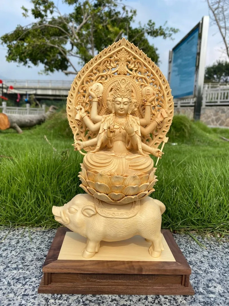 Hand-Carved Solid Hinoki Wood Tara Buddha Statue, Three Faces, Eight Arms, Home Decor, Living Room Craft