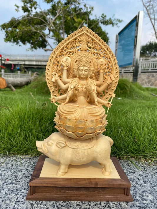 Hand-Carved Solid Hinoki Wood Tara Buddha Statue, Three Faces, Eight Arms, Home Decor, Living Room Craft