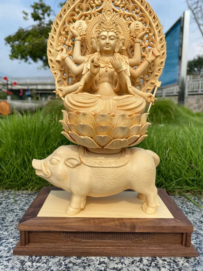 Hand-Carved Solid Hinoki Wood Tara Buddha Statue, Three Faces, Eight Arms, Home Decor, Living Room Craft