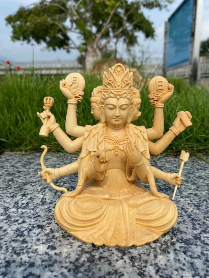 Hand-Carved Solid Hinoki Wood Tara Buddha Statue, Three Faces, Eight Arms, Home Decor, Living Room Craft
