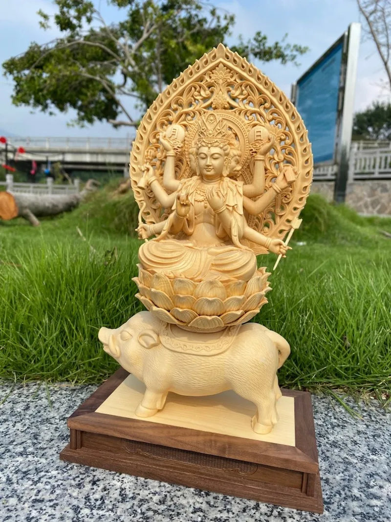 Hand-Carved Solid Hinoki Wood Tara Buddha Statue, Three Faces, Eight Arms, Home Decor, Living Room Craft