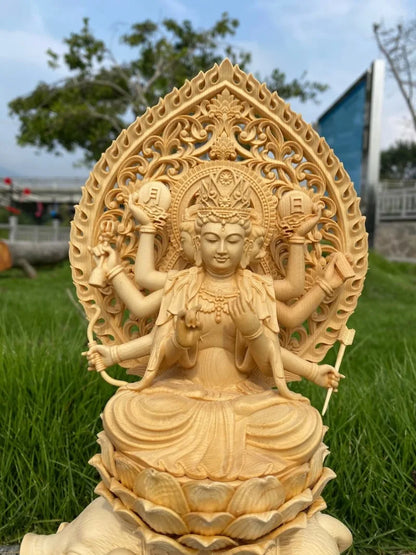 Hand-Carved Solid Hinoki Wood Tara Buddha Statue, Three Faces, Eight Arms, Home Decor, Living Room Craft