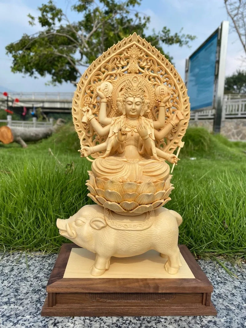 Hand-Carved Solid Hinoki Wood Tara Buddha Statue, Three Faces, Eight Arms, Home Decor, Living Room Craft