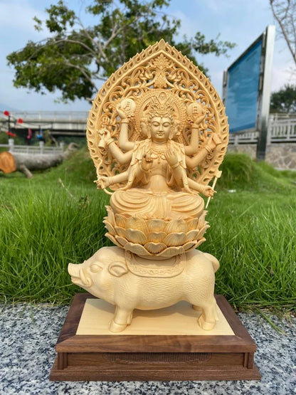 Hand-Carved Solid Hinoki Wood Tara Buddha Statue, Three Faces, Eight Arms, Home Decor, Living Room Craft