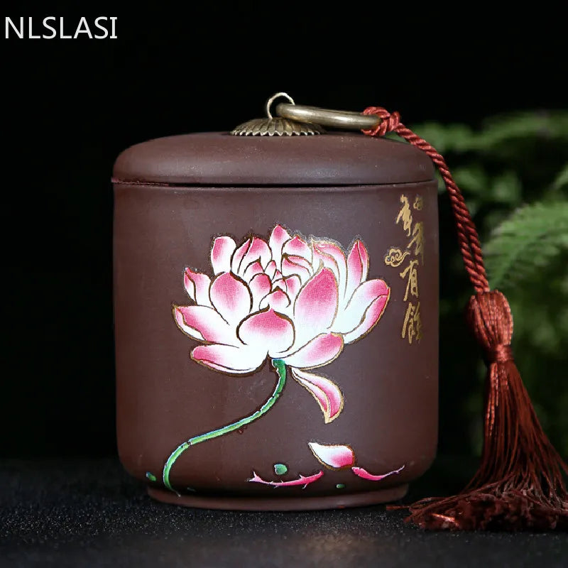 Hand Drawn Flower Illustration Purple Clay Tea Jar Coffee Canister Organizer Tieguanyin Containers Travel Tea Bag Storage Box