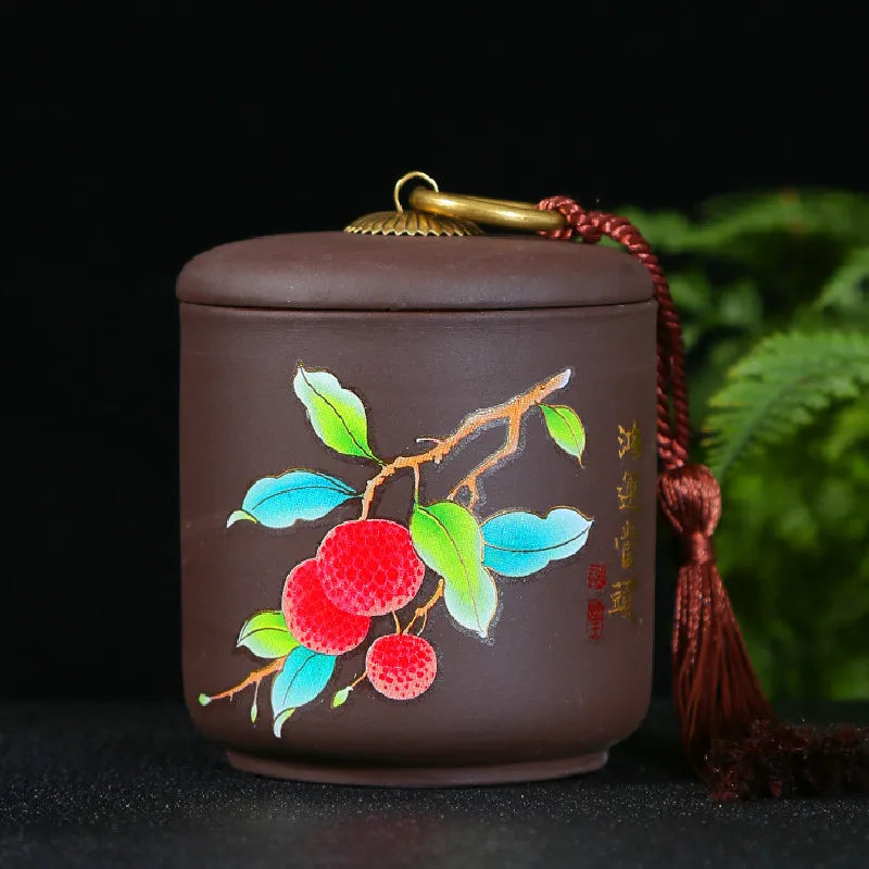Hand Drawn Flower Illustration Purple Clay Tea Jar Coffee Canister Organizer Tieguanyin Containers Travel Tea Bag Storage Box