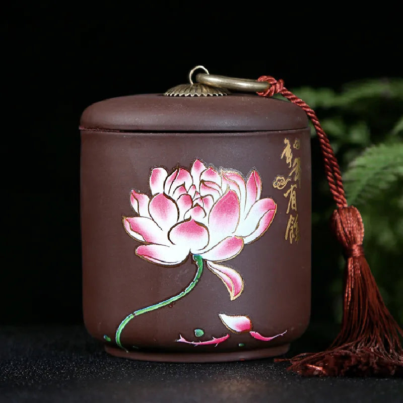 Hand Drawn Flower Illustration Purple Clay Tea Jar Coffee Canister Organizer Tieguanyin Containers Travel Tea Bag Storage Box