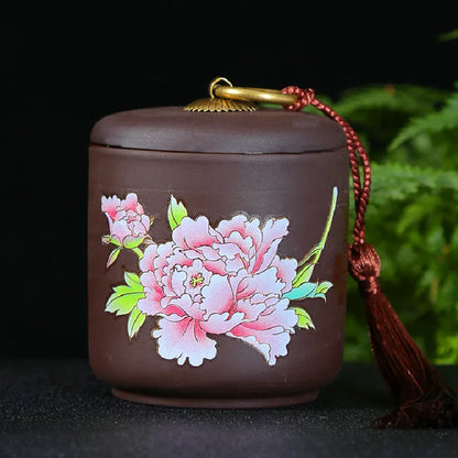 Hand Drawn Flower Illustration Purple Clay Tea Jar Coffee Canister Organizer Tieguanyin Containers Travel Tea Bag Storage Box