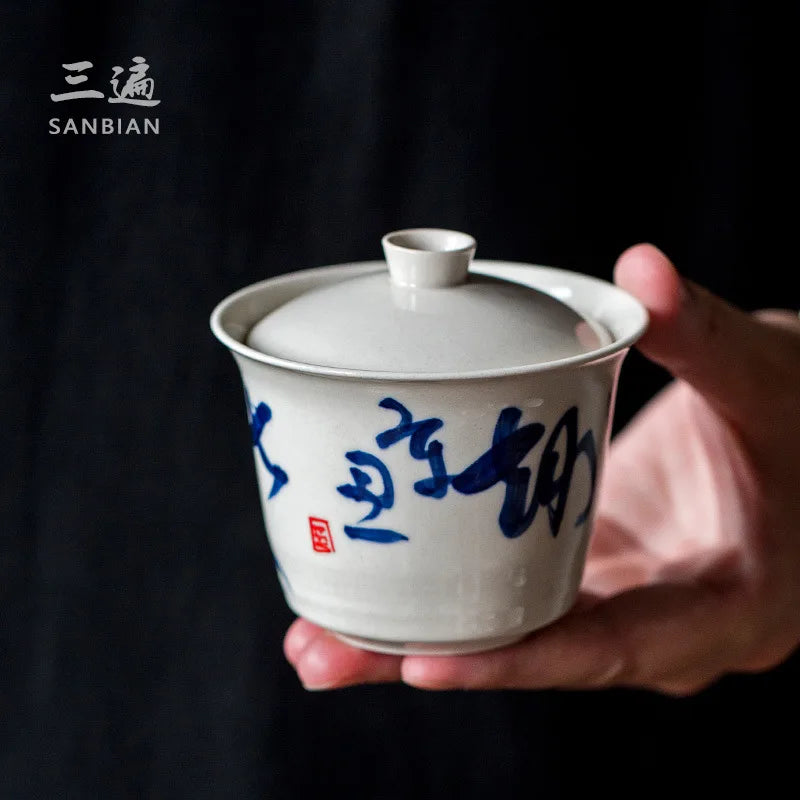 Hand Drawn Tea Poetry Grass and Wood Gray Glaze Song Zhi Tureen No Tray Egg-Shell Porcelain Tea Bowl Tea Making Kung Fu Teawar