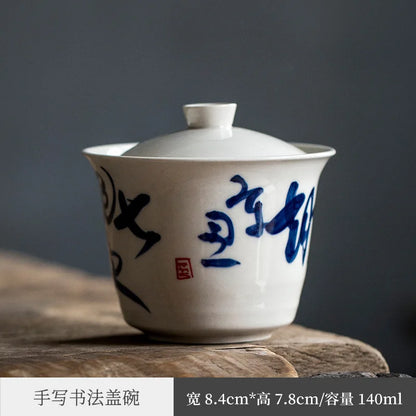 Hand Drawn Tea Poetry Grass and Wood Gray Glaze Song Zhi Tureen No Tray Egg-Shell Porcelain Tea Bowl Tea Making Kung Fu Teawar