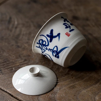 Hand Drawn Tea Poetry Grass and Wood Gray Glaze Song Zhi Tureen No Tray Egg-Shell Porcelain Tea Bowl Tea Making Kung Fu Teawar
