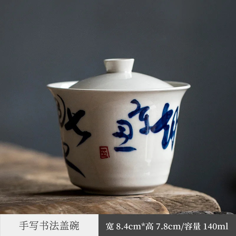 Hand Drawn Tea Poetry Grass and Wood Gray Glaze Song Zhi Tureen No Tray Egg-Shell Porcelain Tea Bowl Tea Making Kung Fu Teawar