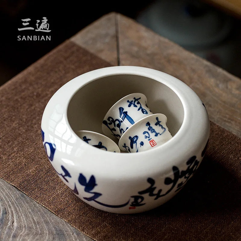 Hand Drawn Tea Poetry Tea Residue Barrel Porcelain Tea Washing Basin Tea Fragment Cylinder Household Large Capacity Building W