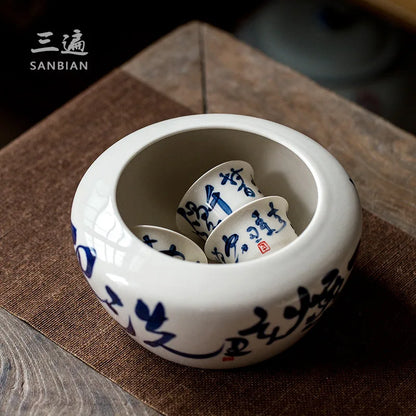 Hand Drawn Tea Poetry Tea Residue Barrel Porcelain Tea Washing Basin Tea Fragment Cylinder Household Large Capacity Building W
