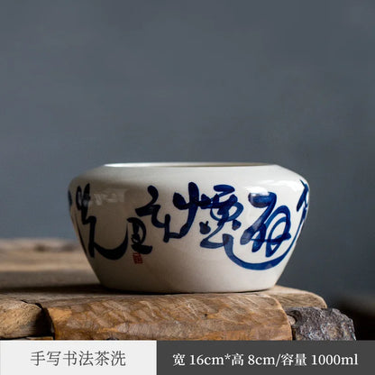 Hand Drawn Tea Poetry Tea Residue Barrel Porcelain Tea Washing Basin Tea Fragment Cylinder Household Large Capacity Building W