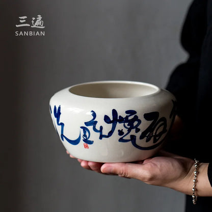 Hand Drawn Tea Poetry Tea Residue Barrel Porcelain Tea Washing Basin Tea Fragment Cylinder Household Large Capacity Building W