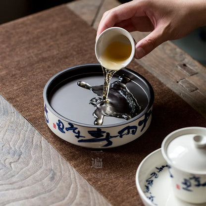 Hand Drawn Tea Shi Cao Mu Gray Pot Tray Water Storage Tea Table Yixing Clay Teapots Support Ceramic Pot Mat Small Tea Table Ji