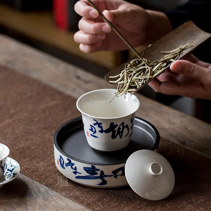 Hand Drawn Tea Shi Kung Fu Tea Set Household Minimalist Porcelain Gaiwan Teapot Cheng Whole Set Tea Drinking Cup High-End