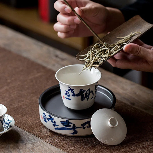Hand Drawn Tea Shi Kung Fu Tea Set Household Minimalist Porcelain Gaiwan Teapot Cheng Whole Set Tea Drinking Cup High-End