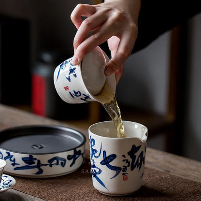Hand Drawn Tea Shi Kung Fu Tea Set Household Minimalist Porcelain Gaiwan Teapot Cheng Whole Set Tea Drinking Cup High-End