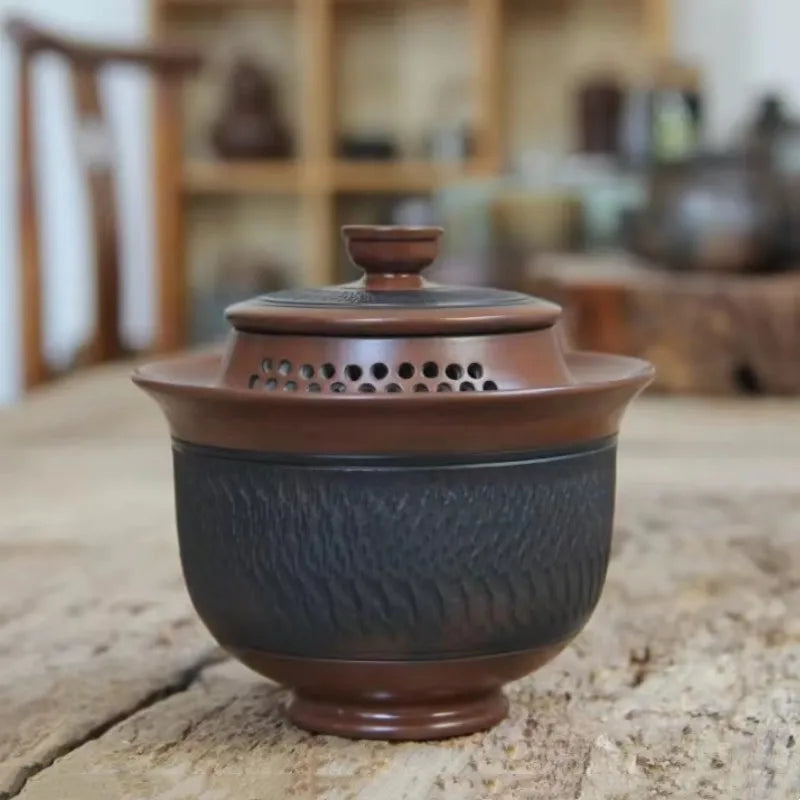 Hand Grabbing Gaiwan Tea Set Ceramic Teapot Nixing Pottery Tea Pot with Full Hole Built-in Filter Retro Handmade Kung Fu Tea Set