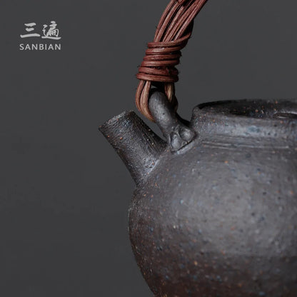Hand Made-Rattan Loop-Handled Teapot Stoneware Teaware Single Pot Enameled Cast Iron Household Kung Fu Tea Ceremony Teapot